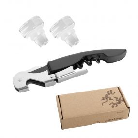 YANARIA Sada dvoch sklenených zátok na víno a dvojpáková vývrtka černá